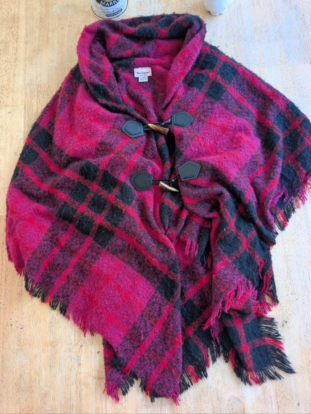 Juicy Couture Pink Fuchsia and Black Plaid Teddy Shawl. One Size